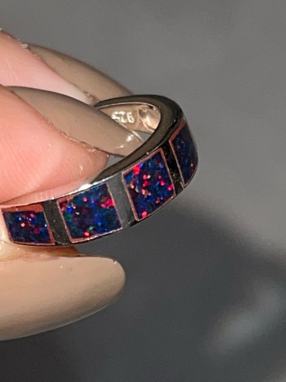 Sterling Silver Blue-Red Opal Inlay Band Ring